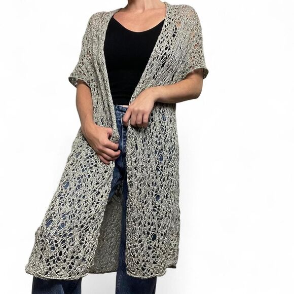 Grey Knit Crochet Long Cardigan Short Sleeve Open Front Linen Cotton - Picture 1 of 6